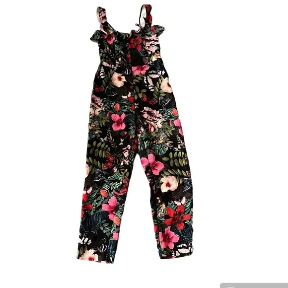 H&M Jumpsuit Romper Floral ruffle sleeve black red pink stretch size 8/38 - Picture 10 of 12